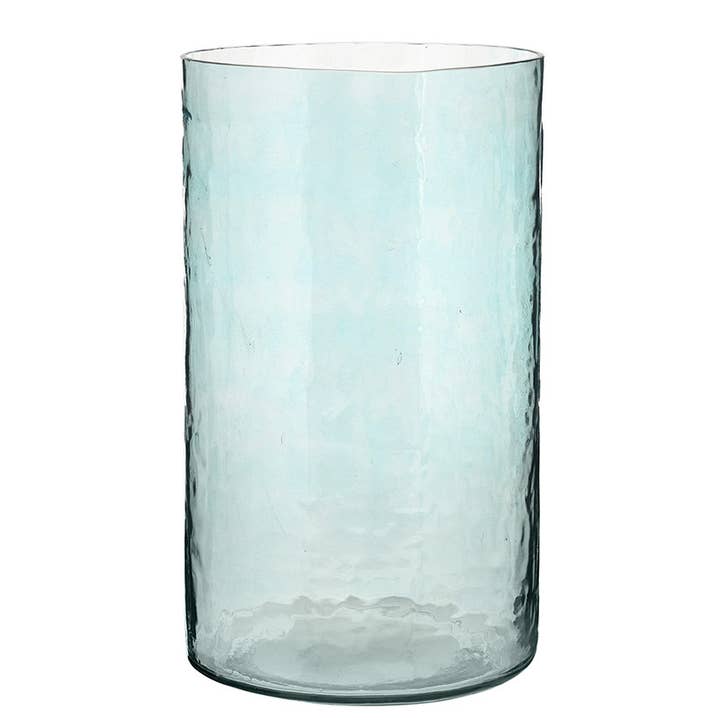 Large blue hammered glass cylindrical candle holder