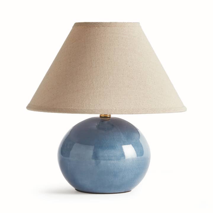 Blue ceramic Charlie Mini Lamp with neutral fabric shade