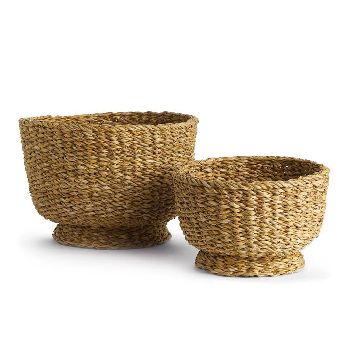 Set of two natural seagrass decorative footed bowls in graduated sizes