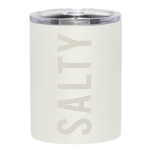 Ivory insulated 12 oz tumbler with tonal "SALTY" lettering