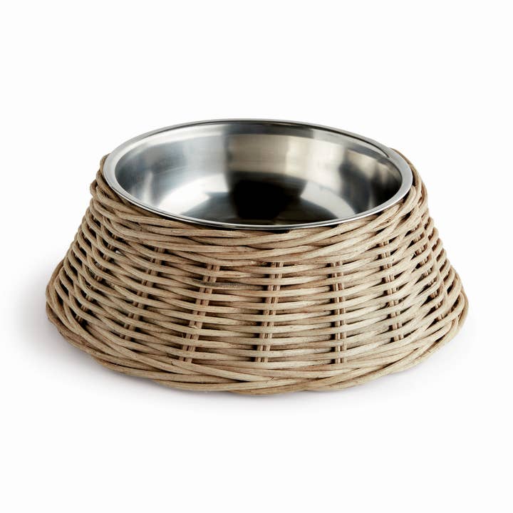 Large gray Normandy rattan pet bowl with removable stainless-steel bowl
