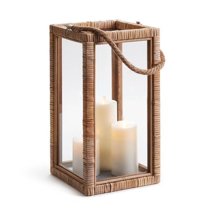 Small Barclay Butera Nice lantern with rattan-wrapped wood frame, oversized glass panels and rope handle