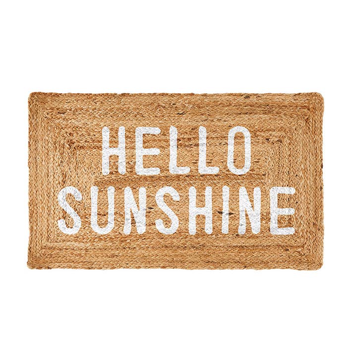 Natural jute doormat with white "HELLO SUNSHINE" lettering