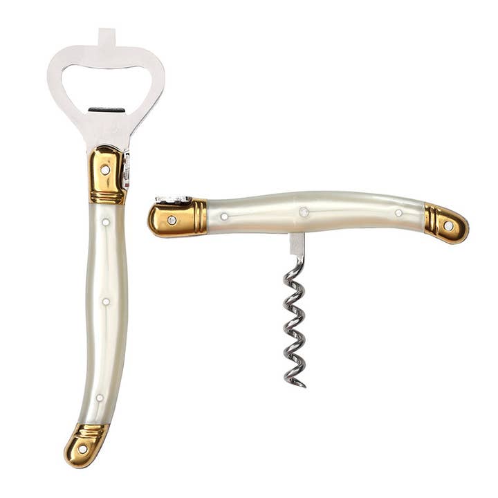 Pearl-look and gold corkscrew and bottle opener set