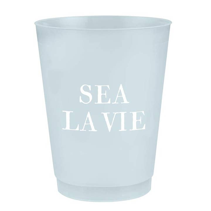 Pale blue frosted cup with white "SEA LA VIE" lettering