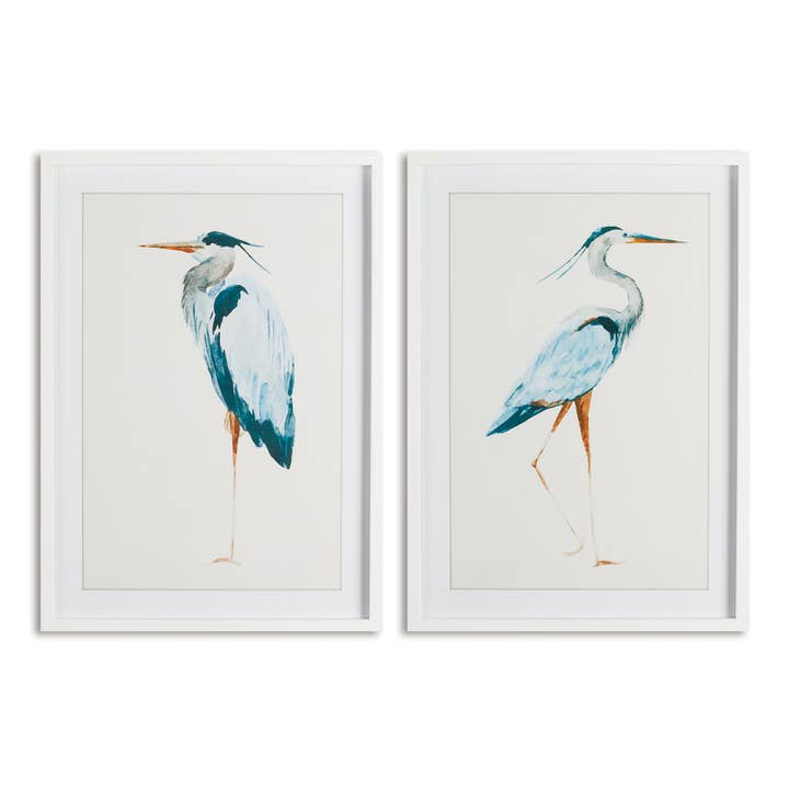 Set of two blue heron watercolor prints in simple white fir wood frames