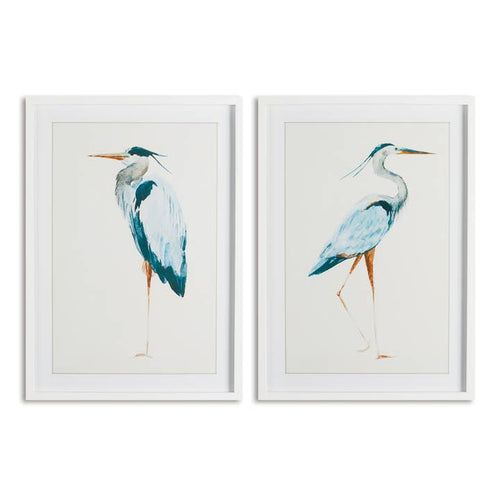 Set of two blue heron watercolor prints in simple white fir wood frames