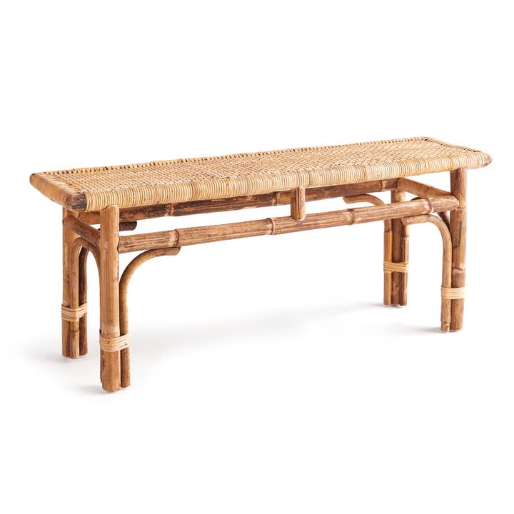 Natural solid wood Anton bench with woven caning detail