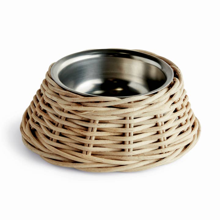 Small gray Normandy rattan pet bowl with removable stainless-steel bowl