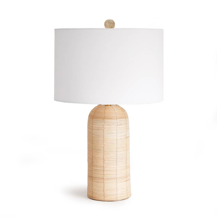 Whitewash cane rattan table lamp with wide cylindrical white shade