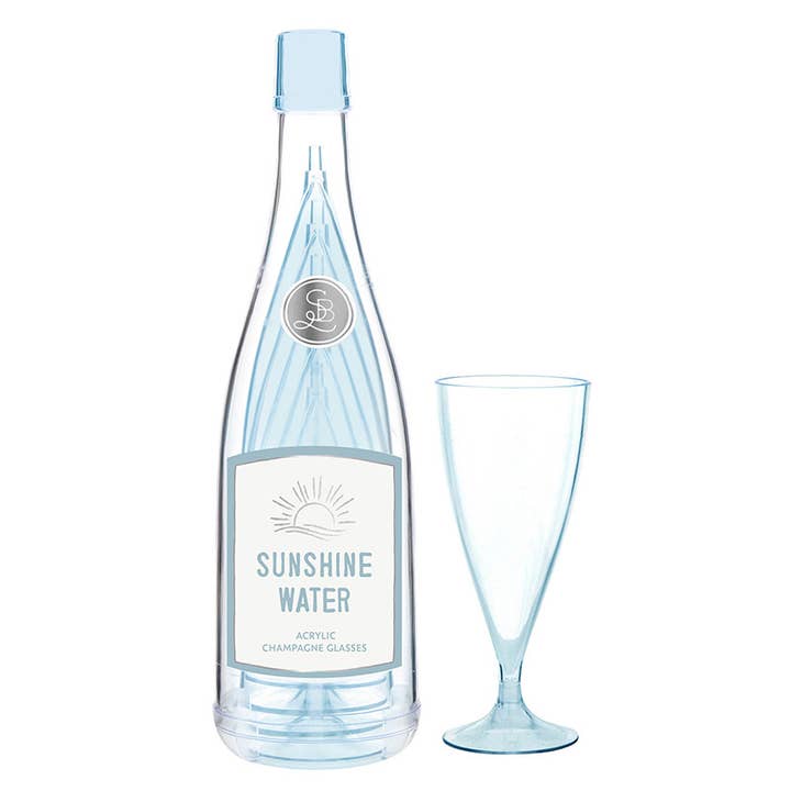 Light blue acrylic champagne bottle and flute labeled "Sunshine Water"