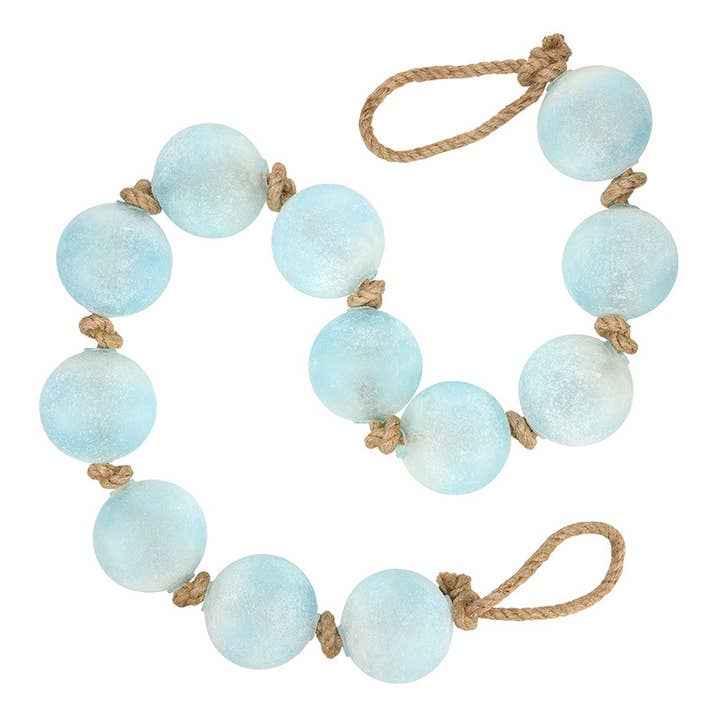 Soft blue blown glass bead garland tied with natural jute rope