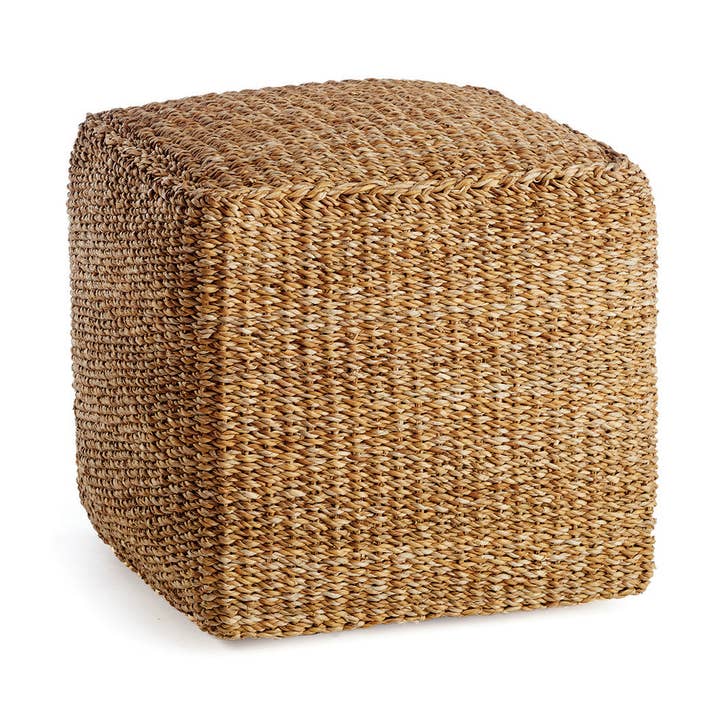 Natural handwoven seagrass square pouf with coconut fiber and cotton blend fill