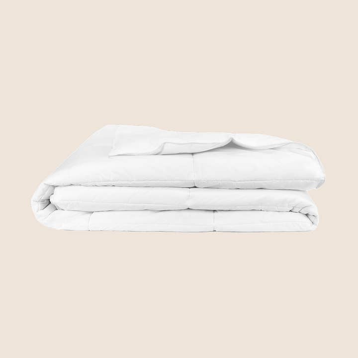 White FluffCo all-season down blended hotel comforter