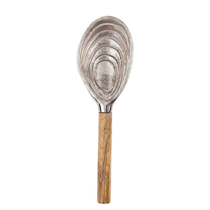 Oyster-shaped aluminum serving spoon with natural mango wood handle